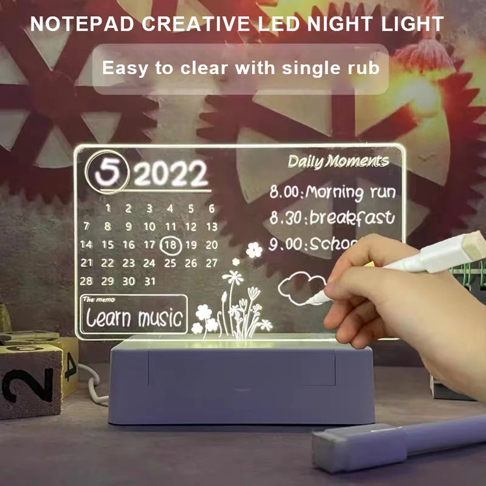 ปฏิทินตั้งโต๊ะ แบบอะคริลิคใส มีไฟ LED ลบได้ ชาร์จสาย USB สําหรับเขียนข้อความ ตกแต่งห้องนอน