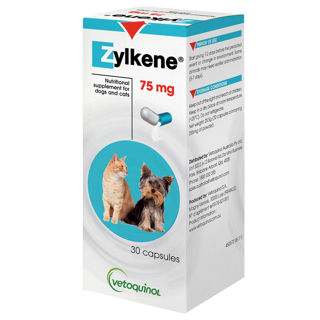 [Vetoquinol] Zylkene 75mg for Dogs & Cats(30 Capsules) / อาหารเสริมสงบเงียบ / เสริมพฤติกรรม