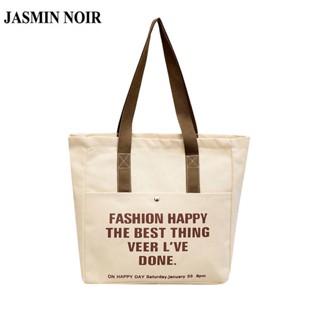 Jasmin NOIR กระเป๋าสะพายไหล่ กระเป๋าถือ ผ้าแคนวาส ขนาดใหญ่ พิมพ์ลายตัวอักษร แบบเรียบง่าย สําหรับสตรี