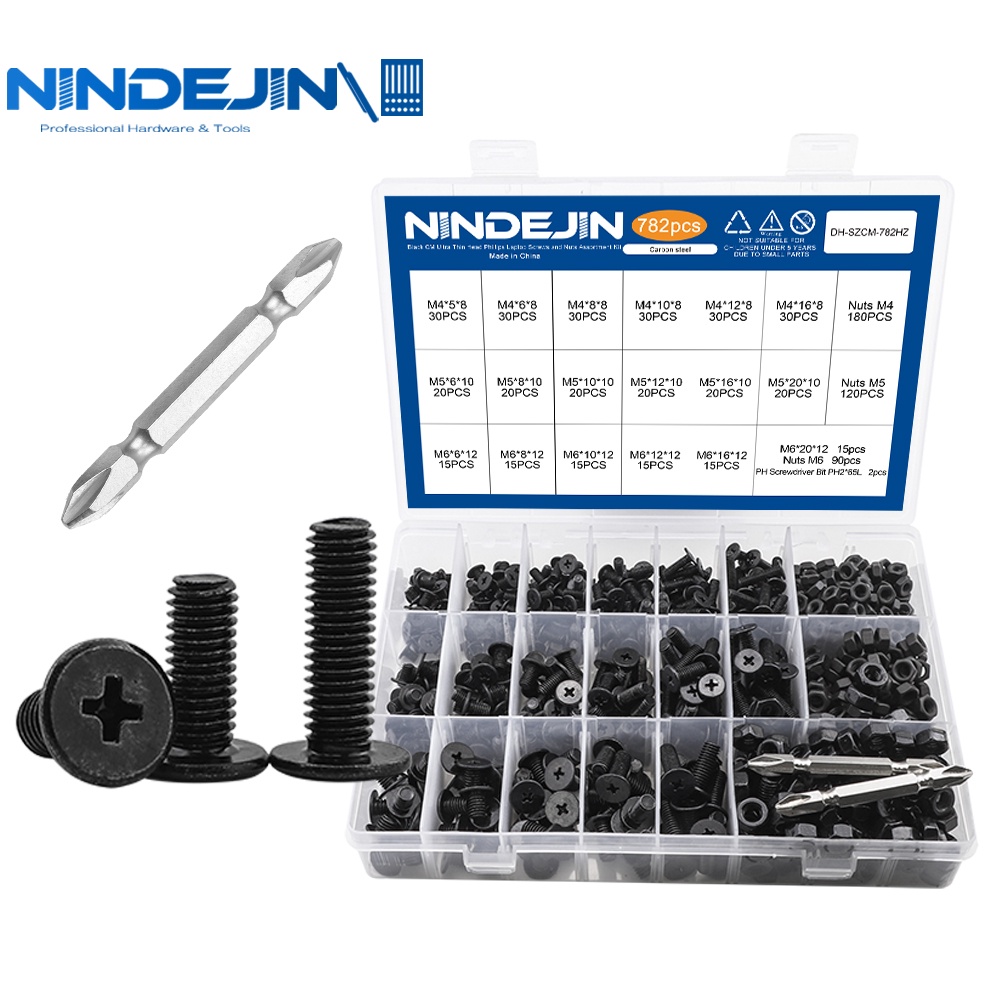 Nindejin ชุดสกรูหัวน็อต เหล็กคาร์บอน แบบบางพิเศษ M4-M6 สีดํา 782 ชิ้น