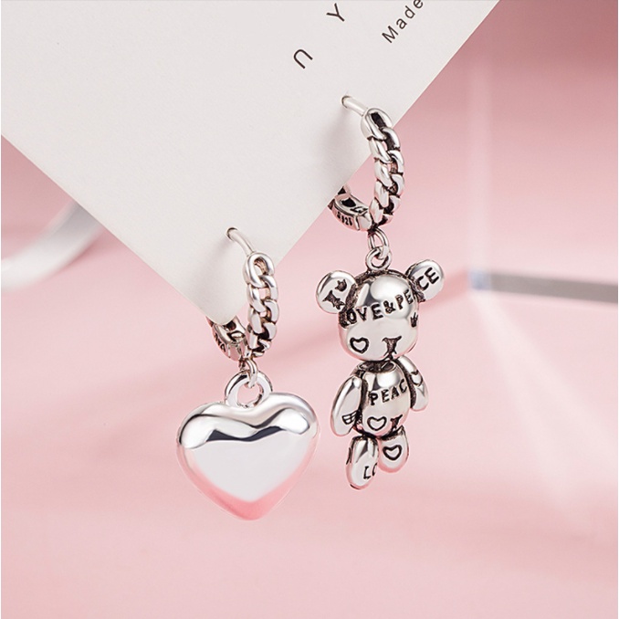 925 Silver Retro Ear Buckle Girls New Old Cute Bear Love Earrings Graffiti Asymmetric Ear Buckle Light Luxury Women