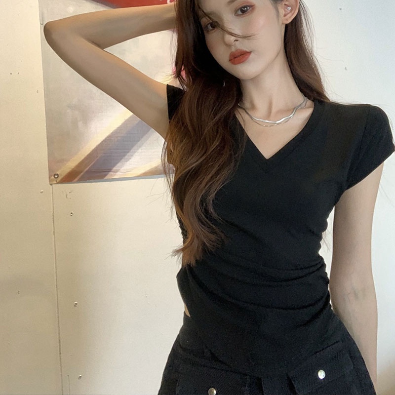 เสื้อยืดแขนสั้น  เสื้อรัดรูปคอวี ป้ายนมโต ผ้าหนา ยืดเด้ง ใส่สบาย ใส่อยู่บ้าน ใส่ออกไปข้างนอกสวยๆ - รูปที่ 3