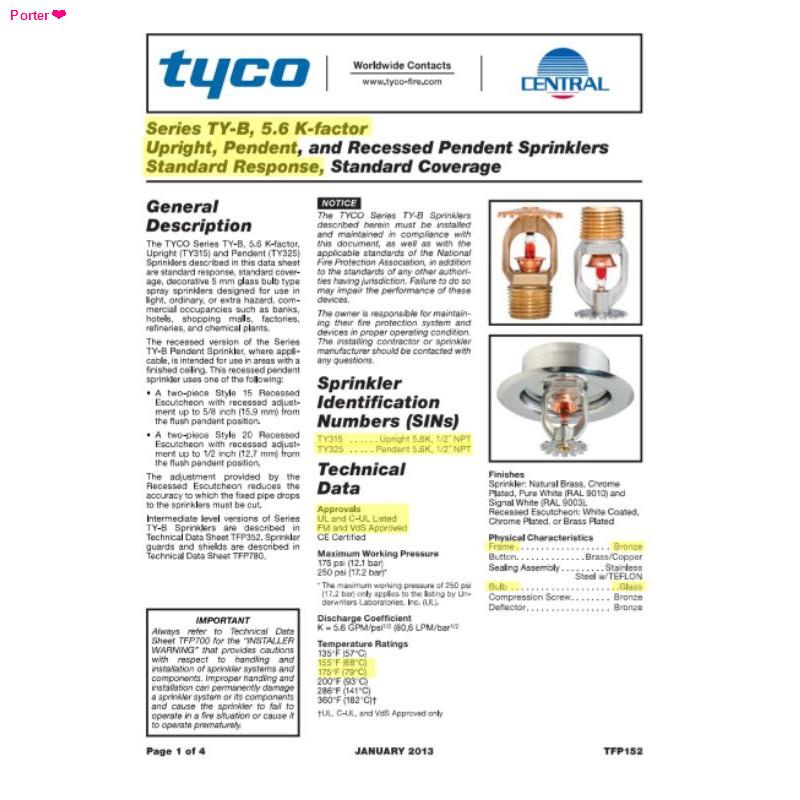 จัดส่งจากกรุงเทพหัวสปริงเกอร์ดับเพลิงอัตโนมัติแบบอัพไลท์ TYCO (CENTRAL) Series TY-B, 5.6 K-factor, UPRIGHT Sprinklers 1/