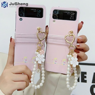 Jusheng เคสโทรศัพท์มือถือ ลายเด็กผู้หญิงสวย สามชิ้น พร้อมสายคล้องมือ สําหรับ Samsung Z Flip4 Z Flip3