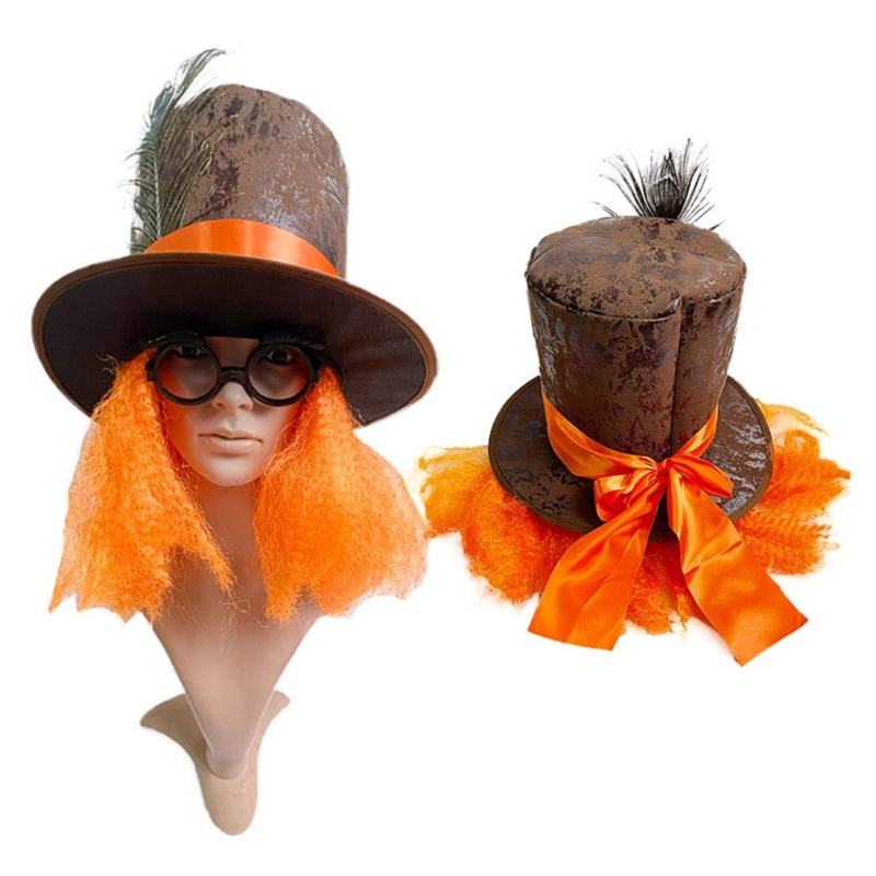 SWEET ~ สีส้มวิกผมตกแต่งหมวกด้านบนสําหรับผู้ใหญ่วัยรุ่นคอสเพลย์ Mad Hatter Party เครื่องแต่งกายผ้าคอสเพลย์หมวกสําหรับ Carnival Rave