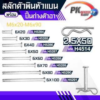 ชุดสลักตัวพินหัวแบน M6 (M6x20-M6x90) + ปิ้นเสียบตัวR เหล็กชุบ ขนาด 2.5x50