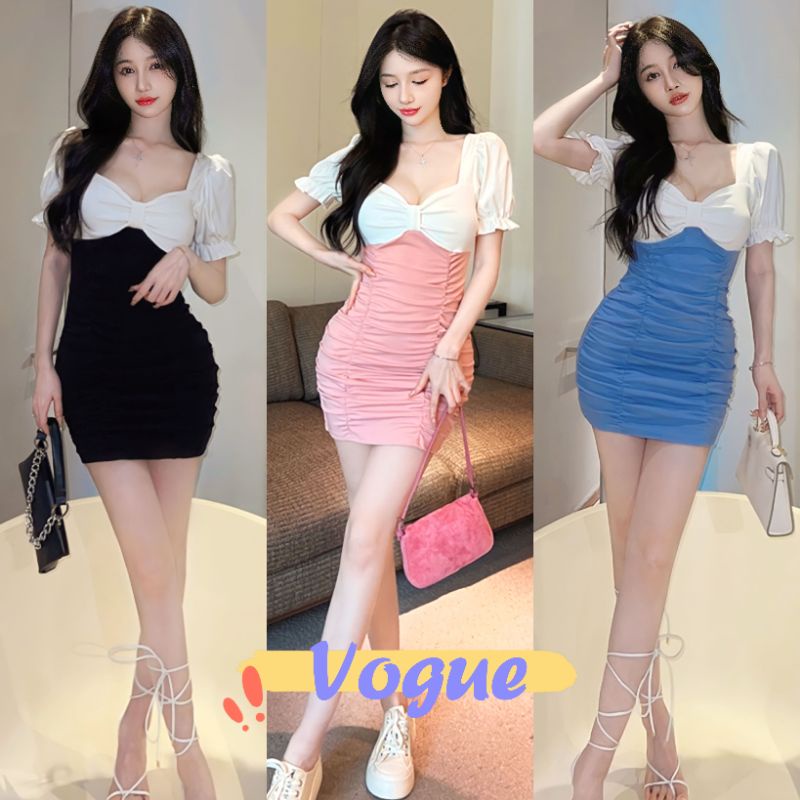 Vogue พร้อมส่ง ชุดเดรส แขนสั้น ดีเทลโบว์ด้านหน้า ผ้านิ่มใส่สบาย คิ้วมาก (FY8881/FY158) -H