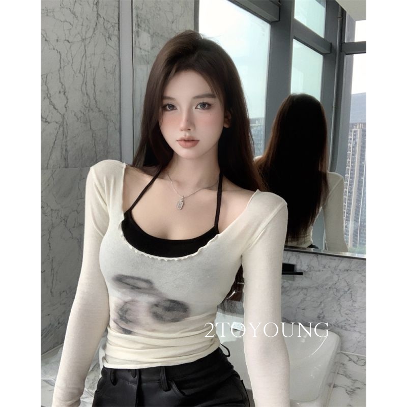 2TOYOUNG เสื้อยืด เสื้อครอป สไตล์เกาหลีเรโทร นุ่ม และสบาย NV2402 2023 NEW