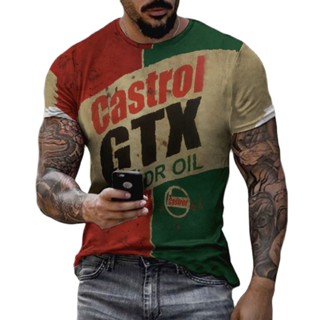 เสื้อยืดคอกลม แขนสั้น พิมพ์ลาย Castrol 3 มิติ ทรงหลวม ขนาดใหญ่ อินเทรนด์เรโทร เหมาะกับฤดูร้อน สําหรับผู้ชาย