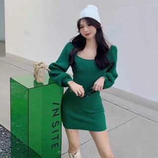 New พร้อมส่ง เดรสไหมพรมแขนพอง