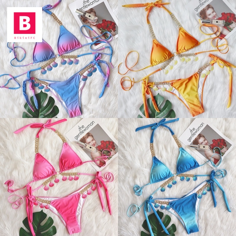 BikiniFC  (S,M,L) SB200 มี5สี บิกินี่หอยสุดอลัง งานพรีเมี่ยม ชุดว่ายน้ำทูพีซ ตกแต่งเปลือกหอย มีฟองน้ำเสริมชุดเที่ยวทะเล ราคา ถูกที่สุด ดีลบีเคเค