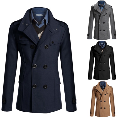 Mens Double Breasted Cotton Coat 2022 Winter Wool Blend Solid Color Casual Business Fashion Slim Trench Coat Jacket Men  #4