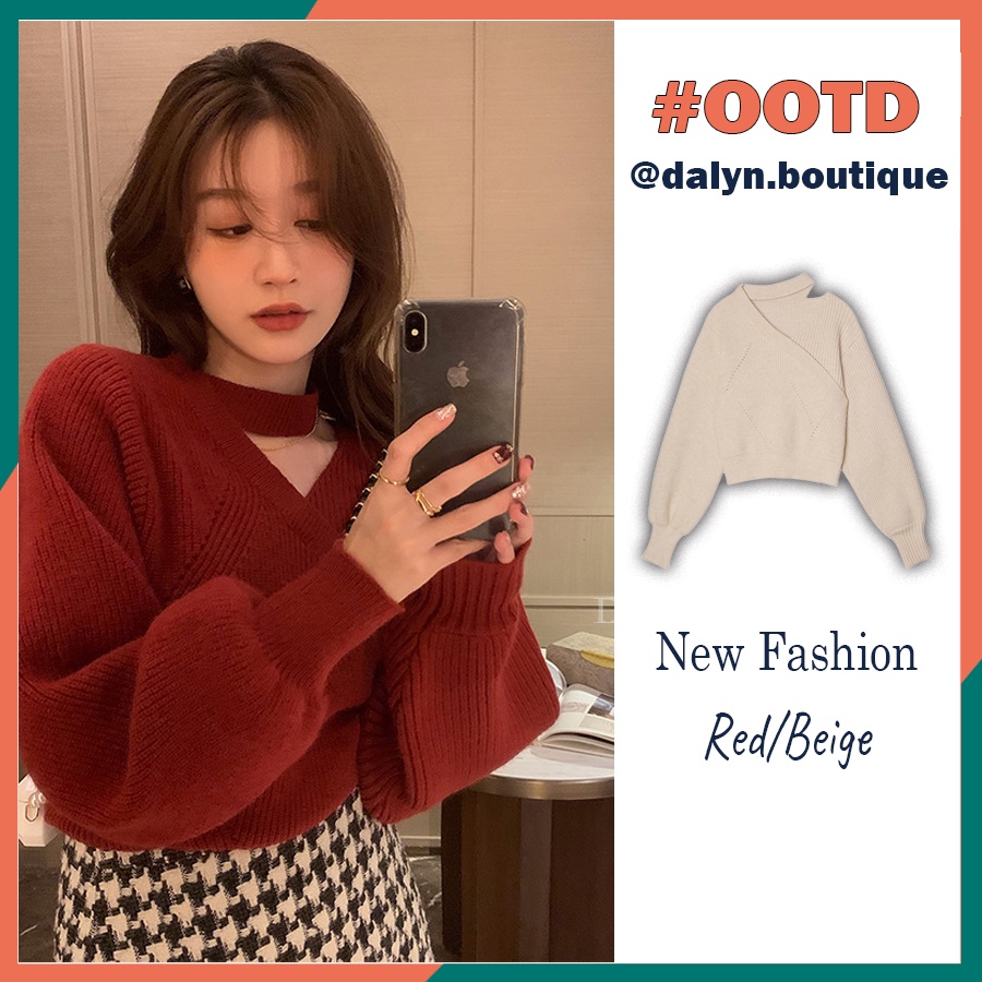 (QC Product) Dalyn เสื้อสเวตเตอร์ถักผู้หญิงสีแดงเกาหลีคอวีแขนพัฟสีแดงและสีเบจ