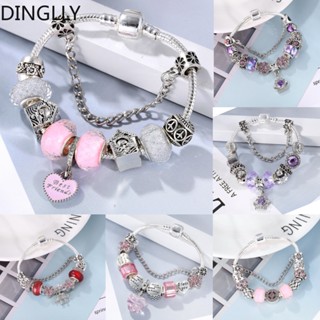 Dinglly สร้อยข้อมือ ลูกปัดหัวใจ สีชมพู สําหรับผู้หญิง DIY เพื่อนที่ดีที่สุด กําไลข้อมือสีเงิน