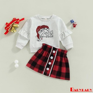 Babybaby- เสื้อสเวตเตอร์แขนยาว คอกลม พิมพ์ลายตัวอักษร คริสต์มาส + กระโปรงลายสก๊อต สําหรับเด็กผู้หญิง