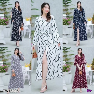 MM18095 เดรสคอวี ลายขนนก แหวกแขนผูกโบว์ .V-neck dress, feather pattern, split sleeves, bow tie..V-neck dress, feather pa