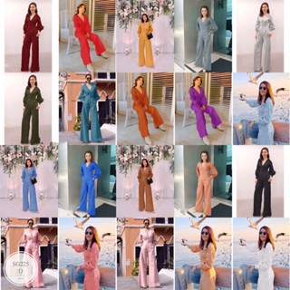 SS225 Jumpsuit คอวีแขนยาวพองปลายแขนจั๊ม แต่งกระดุม งานผ้าซาร่า ขากางเกงทรงกระบอก