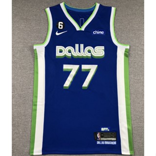 เสื้อกีฬาบาสเก็ตบอล ปักลาย Dallas Mavericks 77 Luka Doncic สีฟ้า สําหรับผู้ชาย 2023