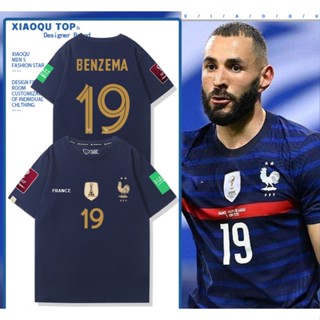 ทีมฝรั่งเศส Mbappe Benzema jersey World Cup 2022 แขนสั้นผู้ชายและผู้หญิงแฟนผ้าฝ้ายเสื้อยืดหลวม