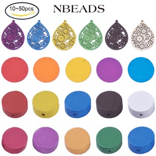 Nbeads ลูกปัดไม้ธรรมชาติ ทรงกลม แบน คละสี 14.5~15x5.5~6 มม. รู 1 มม. 10-50 ชิ้น