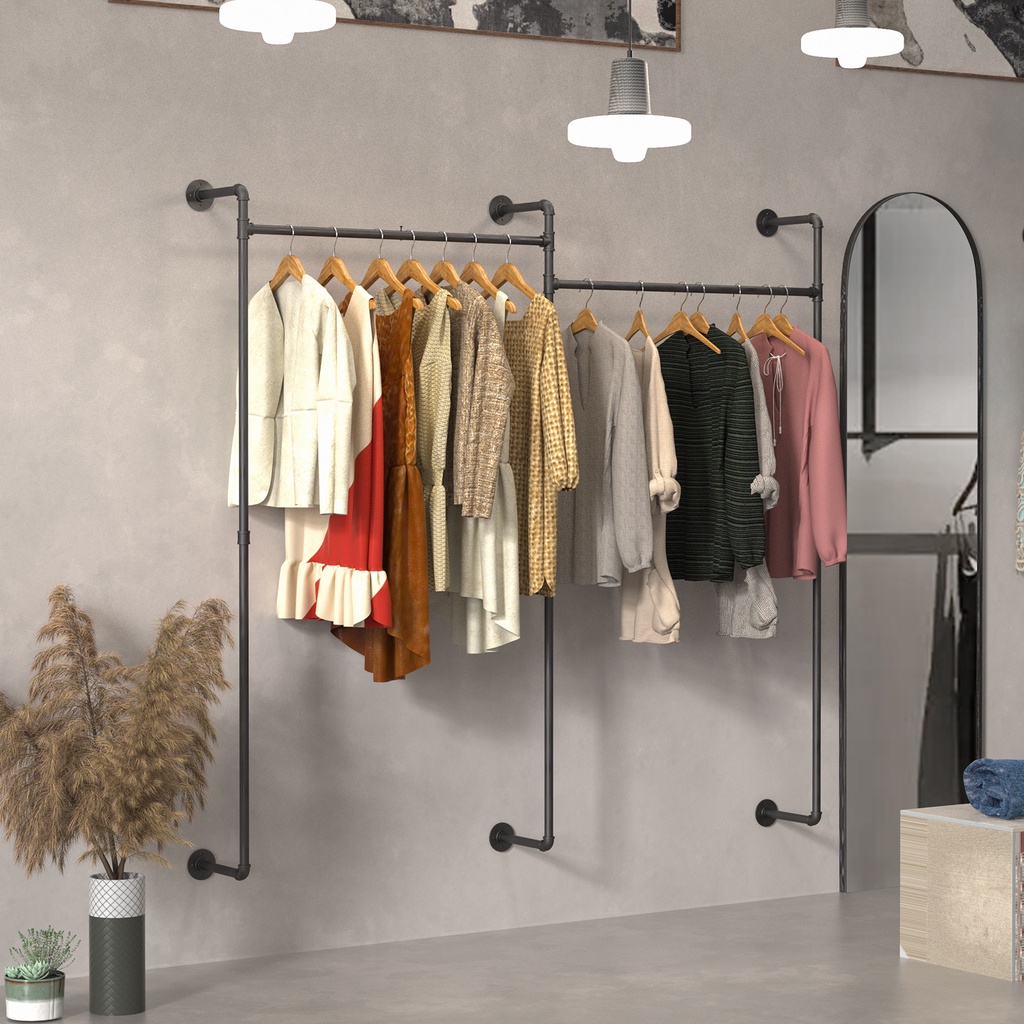 ราวแขวนเสื้อ ราวแขวนผ้า Industrial Pipe Clothes Rack ราวแขวนเสื้อผ้าเหล็กสีดำติดผนัง, ราวแขวนอเนกประสงค์สำหรับจัดเก็บตู้