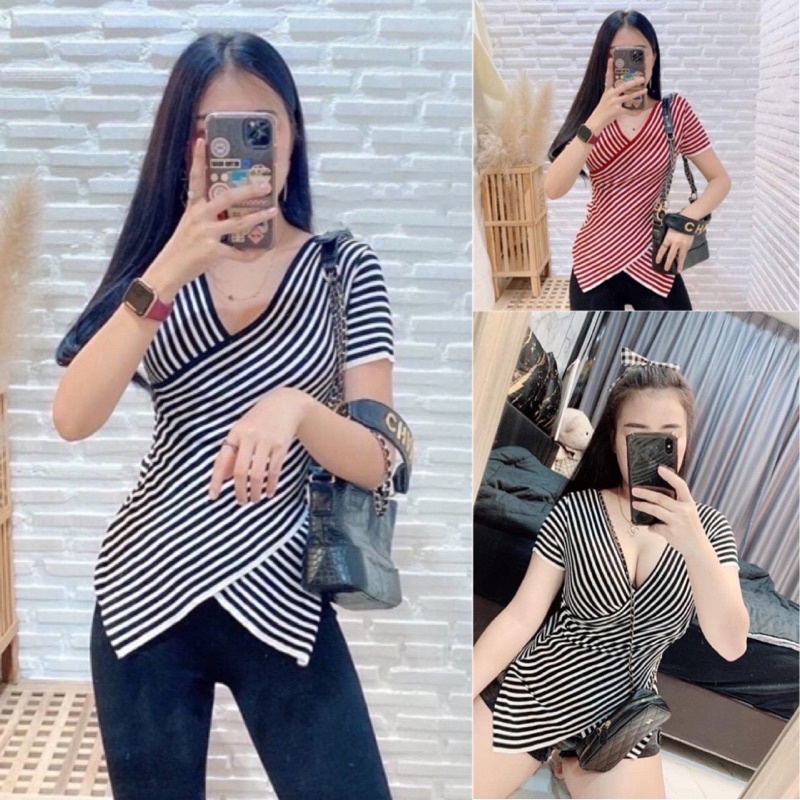 เสื้อริ้วทรงไขว้หน้า ผ้าไหมพรหม สุดฮิตงานขายดีจ้า🔥พร้อมส่ง3สี