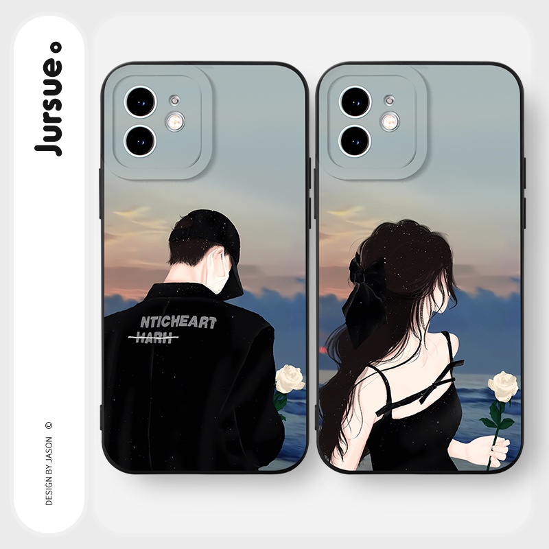 JURSUE เคสคู่ เคสไอโฟน คู่รัก กันกระแทกซิลิโคนนุ่มน่ารักตลก เคสโทรศัพท์ สีดำ Compatible for iPhone 16 15 14 13 12 11 Pro Max SE 2020 X XR XS 8 7 Plus พลัส Y2677