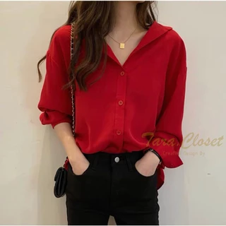 IT022 TARA Shirt Red เสื้อเชิ้ตคอปก แขนยาว สีแดง สีคลาสสิค ใส่ได้ตลอด ผ้าไหมอิตาลี ผ้าใส่สบาย ไม่ร้อน