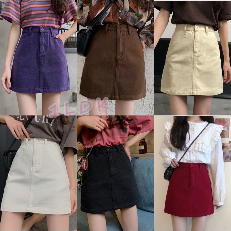 1LDK  🌈 พร้อมส่ง🌈กระโปรงยีนส์ ขาสั้น ทรงเอ มีหลายสี (852)