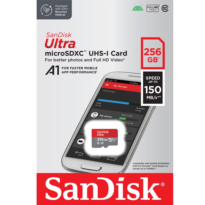 SanDisk Ultra MicroSDXC 256GB UHS-I Class10 A1 อ่าน 150MB/s (SDSQUAC-256G-GN6MN) การ์ด รองรับ โทรศัพ