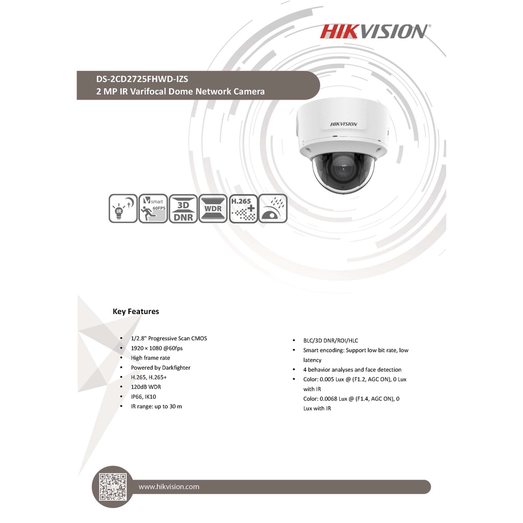 กล้องวงจรปิด Hikvision รุ่น DS-2CD2725FHWD-IZS 2 MP High Frame Rate Varifocal Dome Network Camera