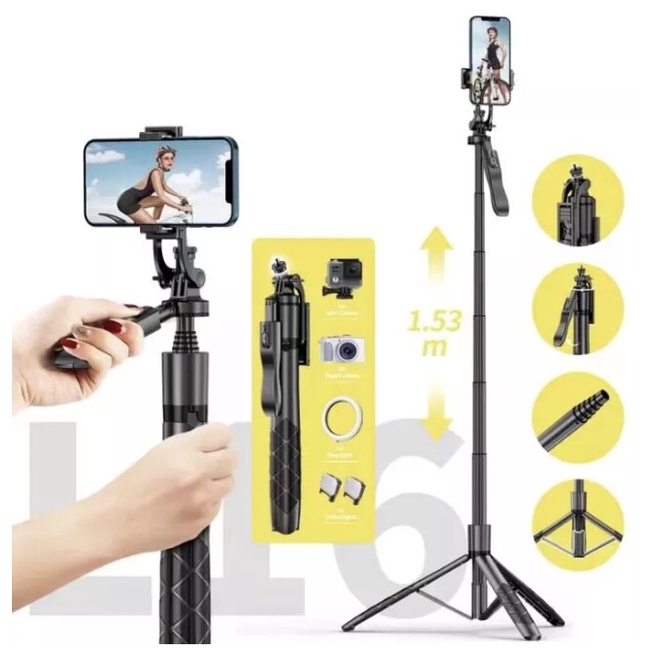 L16 ขาตั้งกล้องไม้เซลฟี่ไร้สายใส่ไฟแยกได้ 1.55m. พับเก็บได้สั้น มาพร้อมรีโมทบลูทูธ สามารถใช้กล้องแอค