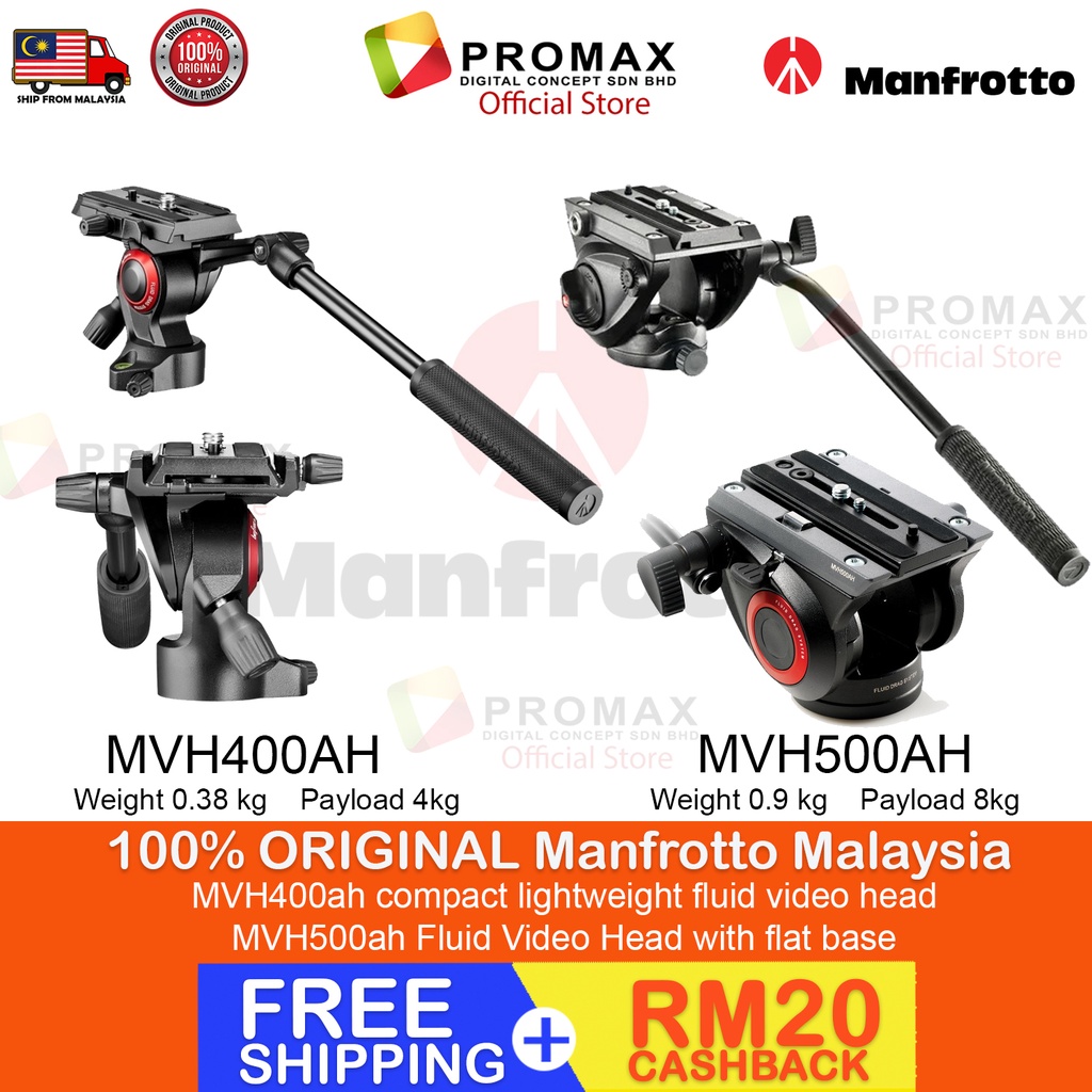 Manfrotto MVH500AH / MVH400AH หัววิดีโอของเหลวพร้อมฐานแบน MVH400 AH MVH500 AH