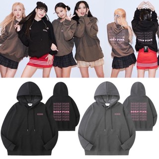 เสื้อกันหนาวแขนยาวลําลอง มีฮู้ด พิมพ์ลายตัวอักษร Blackpink Jennie Lisa Rose Jisoo BORN PINK ทรงหลวม