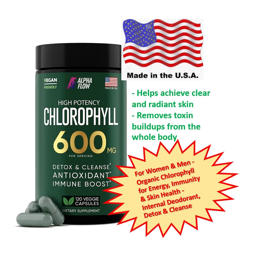 Chlorophyll Capsules 600 mg - By Alpha Flow for Women & Men, คลอโรฟิลล์ (Chlorophyll) แคปซูล 600 มก 