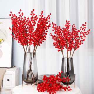 ช่อดอกสนปลอม เบอร์รี่ สีแดง สําหรับตกแต่งบ้าน เทศกาลคริสต์มาส