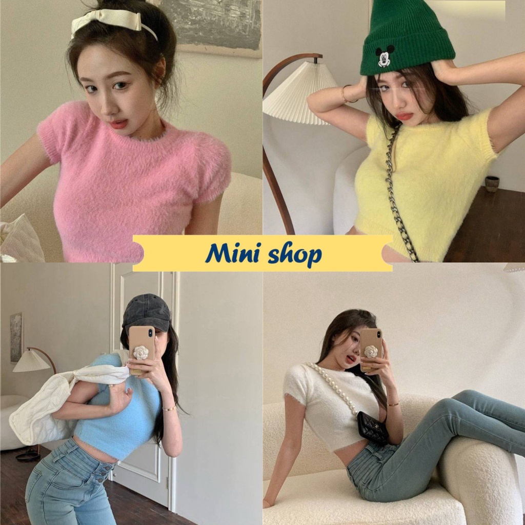 Mini shop พร้อมส่ง (80069) เสื้อแขนสั้นไหมพรม ทรงครอปสั้น ดีเทลขนมุ้งมิ้งน่ารัก สีพาสเทล