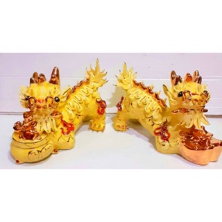 กิเลนคู่เนื้อเซรามิคสีทอง​ชว่ยป้องกันสิ่งชั่วร้ายทั้งปวง​ปกป้องคุ้มครอง​หนุนนำโชคลาภเงินทอง