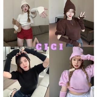 Cici ❣🇹🇭🚚พร้อมส่ง❣(Z1096)Croptop Set เสื้อครอปไหมพรมพร้อมหมวก มีกิมมิคปลอกแขนเก๋ๆใส่แมตช์สไตล์โคเรีย