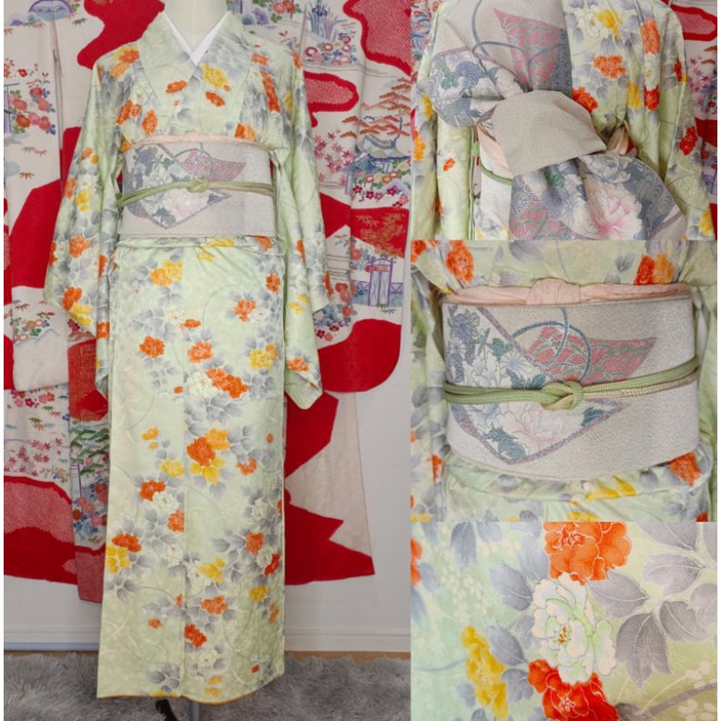 พร้อมส่ง Set Kimono ชุดกิโมโนมือสอง สีเขียว ของแท้ จากญี่ปุ่น