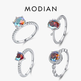 Modian แหวนเงินสเตอร์ลิง 925 แบบใส สีรุ้ง ซ้อนกันได้ แฟชั่น สําหรับผู้หญิง