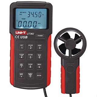 Uni-t UT362 เครื่องวัดความเร็วลม 2 ม./วินาที~30 ม./วินาที นับ 0.001~9999 X 100 อุณหภูมิ 0°ค ~ 40°C ซอฟต์แวร์ USB MAX/MIN สําหรับวัดข้อมูล