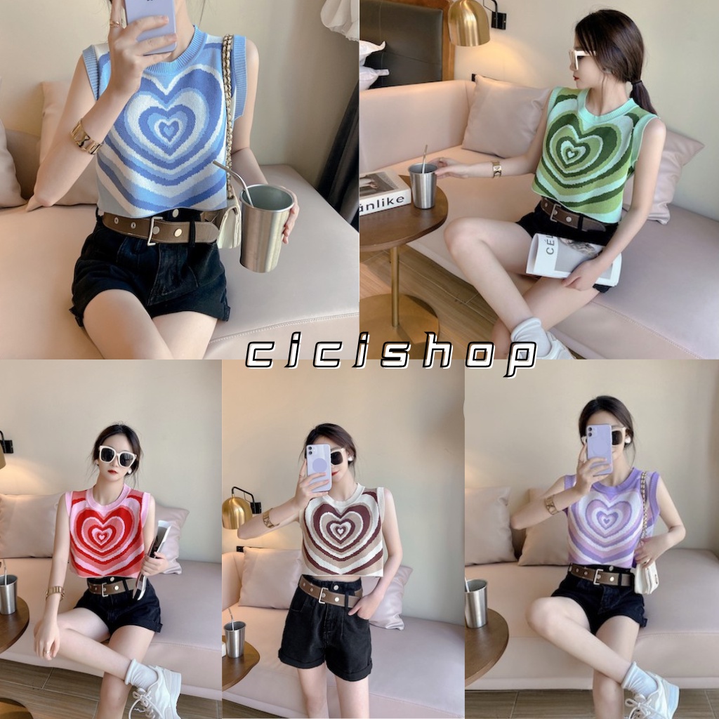 CicishopSALE (A787-1)เสื้อครอปไหมพรมแขนกุด knitลายหัวใจสุดฮิต! เนื้อผ้านิ่มทอลายมาแรงใส่ได้ไม่มีเอ้าท์