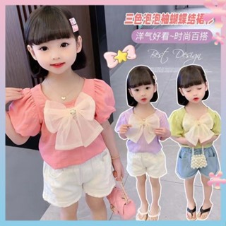 Girls 2022 summer new bow top casual western style Korean style fashionable temperament childrens bubble sleeve shirt