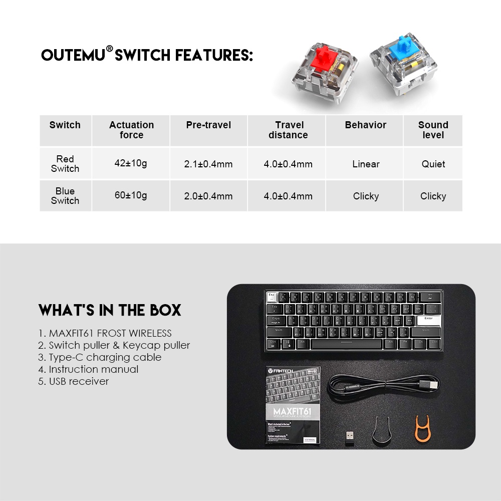 FANTECH MK860 MAXFIT61 FROST WIRELESS Hotswappable KEYBOARD MODULAR MECHANICAL KEYBOARD RED SWITCH และ BLUE SWITCH