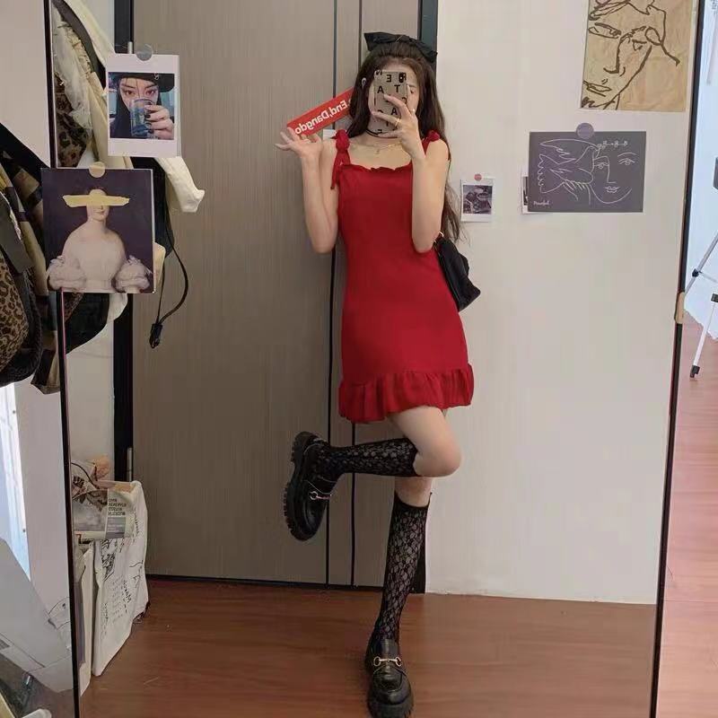 ﹍Blackpink Rose Korean retro style Sexy vocation red Ruffle Strap Dress French Vintage Lace Bow Mini Dresses #2