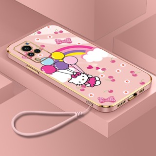 เคส Vivo X70 Pro X60 Pro Plus X80 Pro 5G การ์ตูน บอลลูน Hello Kitty รูปแบบ ชุบ สี่เหลี่ยม ซิลิโคนนิ่ม เคสโทรศัพท์ พร้อมเชือกเส้นเล็ก ด้านหลัง