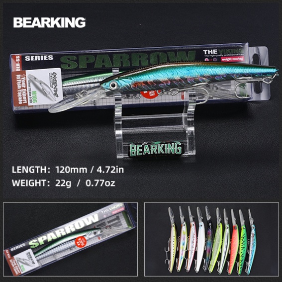 BEARKING Top Hard Minnow เหยื่อตกปลาขนาด 120 มม., น้ำหนัก 22 กรัม ระยะการพุ่งไกล สปริงวอบบิ้อลล์ ระบายความลึกได้ถึง 6-10ฟุต เหมาะสำหรับตกปลาเบสและปีคในทุกสภาพน้ำ