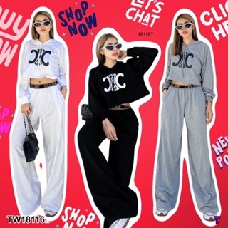 Set 2 ชิ้น Crop Hood Set เซทเสื้อครอปแขนยาว มีฮู้ดพร้อมเชือกรูด สกรีนกลางอก