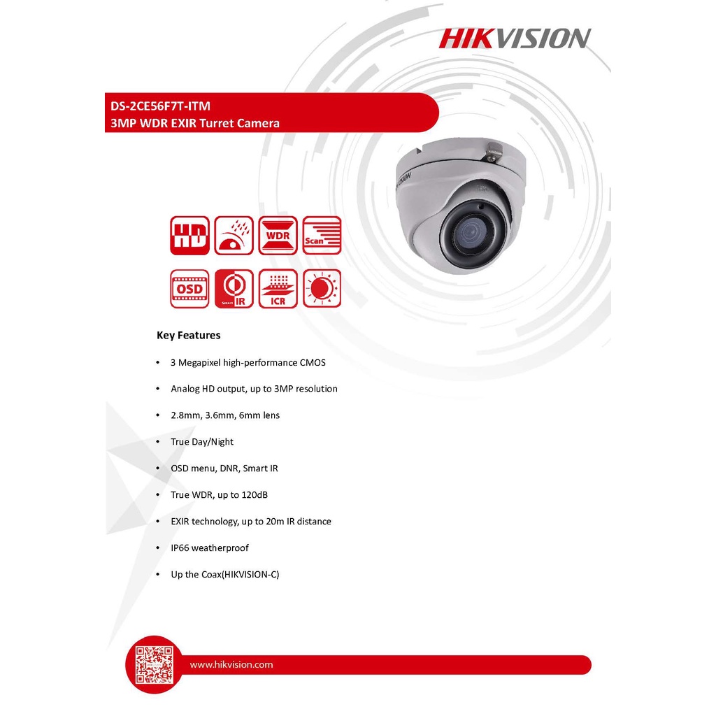 กล้องวงจรปิด Hikvision รุ่น DS-2CE56F7T-ITM 3MP WDR EXIR Turret Camera